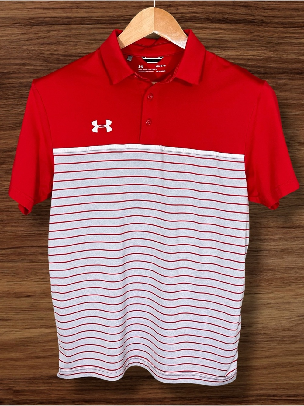 Under Armour HeatGear Red & Gray Color Block Performance Polo. Medium